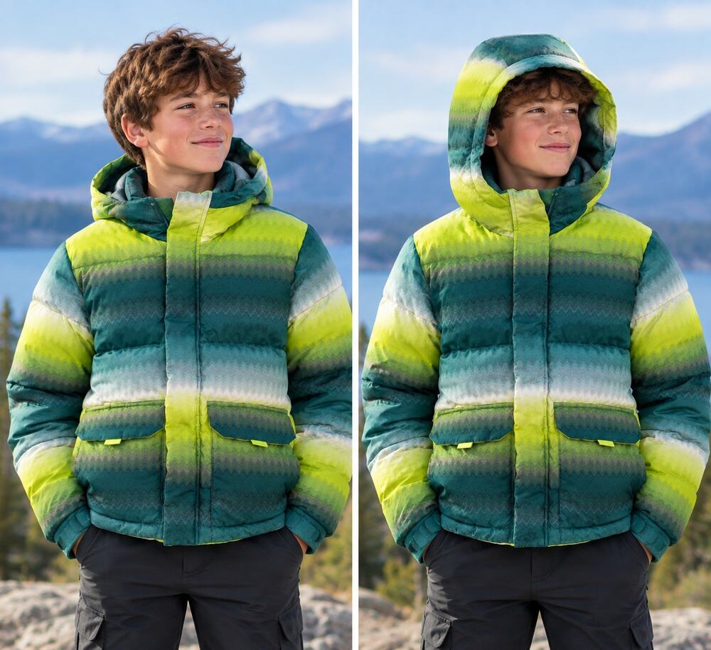 All In Motion Green Yellow Puffer Jacket Hooded Quilted Winter Coat